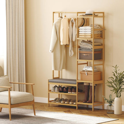 Hallway Coat Rack with Shoe Bench and Hooks, Bamboo