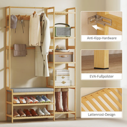 Hallway Coat Rack with Shoe Bench and Hooks, Bamboo