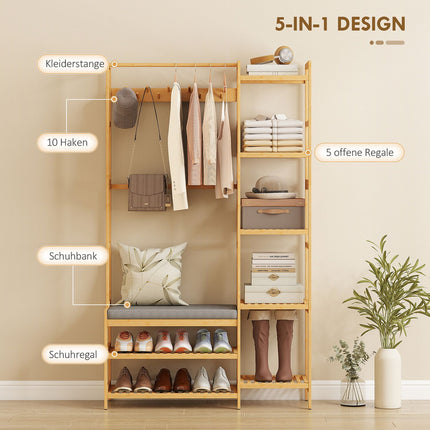 Hallway Coat Rack with Shoe Bench and Hooks, Bamboo