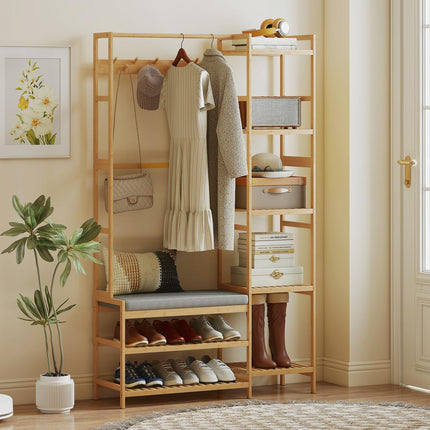 Hallway Coat Rack with Shoe Bench and Hooks, Bamboo