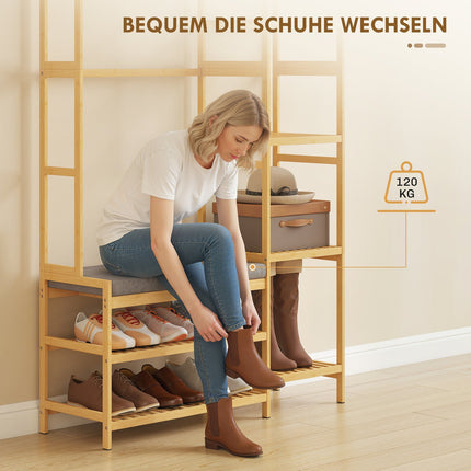 Hallway Coat Rack with Shoe Bench and Hooks, Bamboo