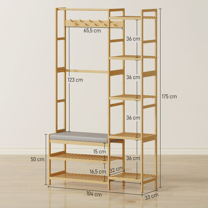 Hallway Coat Rack with Shoe Bench and Hooks, Bamboo