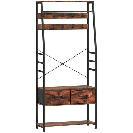 Hallway Coat Rack with Shoe Shelf, Bench, 10 Hooks, Brown