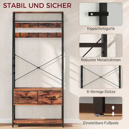 Hallway Coat Rack with Shoe Shelf, Bench, 10 Hooks, Brown