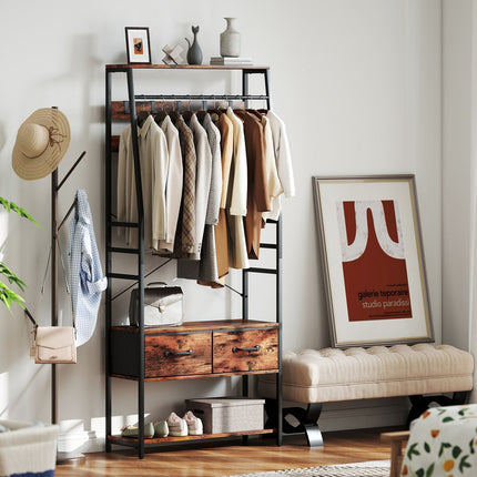 Hallway Coat Rack with Shoe Shelf, Bench, 10 Hooks, Brown