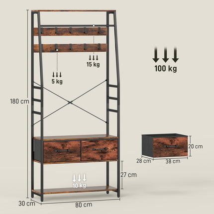 Hallway Coat Rack with Shoe Shelf, Bench, 10 Hooks, Brown