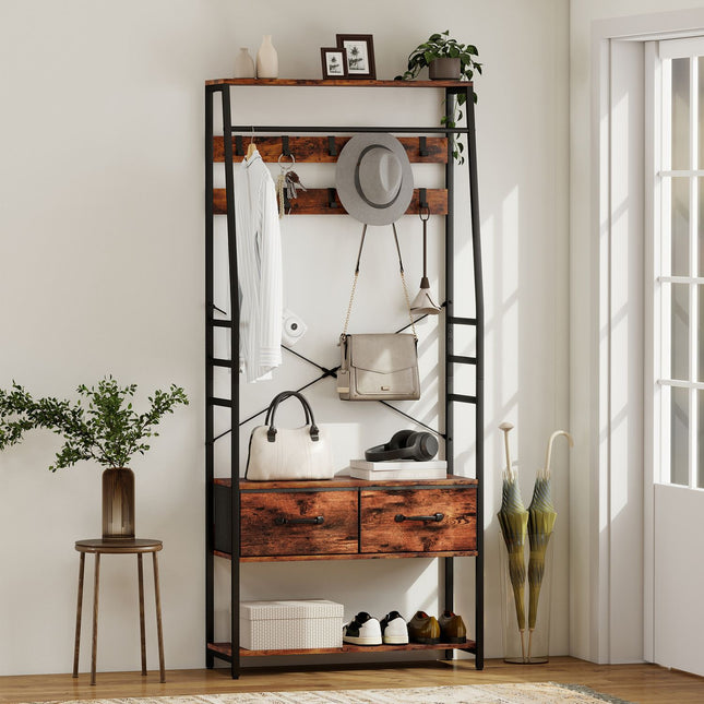 Hallway Coat Rack with Shoe Shelf, Bench, 10 Hooks, Brown