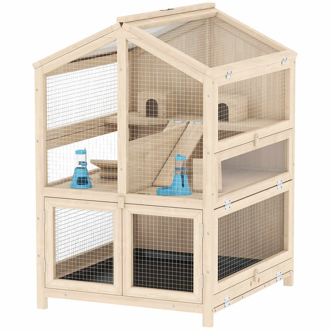 Hamster Cage, 3-Level Wood Habitat with Ramps, 68x61.5x90 cm
