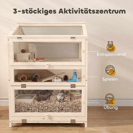 Hamster Cage, 3-Level Wood Habitat with Ramps, 68x61.5x90 cm