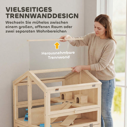 Hamster Cage, 3-Level Wood Habitat with Ramps, 68x61.5x90 cm
