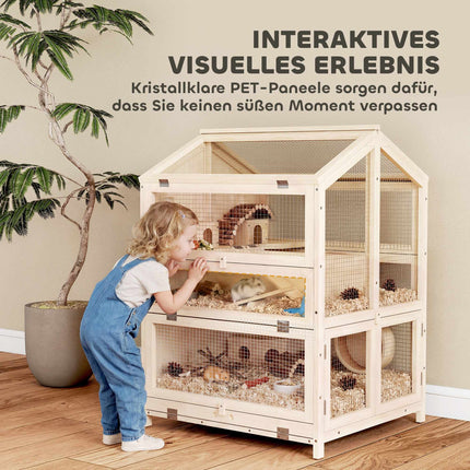 Hamster Cage, 3-Level Wood Habitat with Ramps, 68x61.5x90 cm