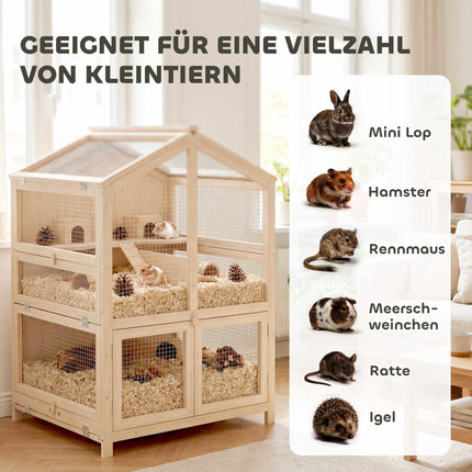 Hamster Cage, 3-Level Wood Habitat with Ramps, 68x61.5x90 cm