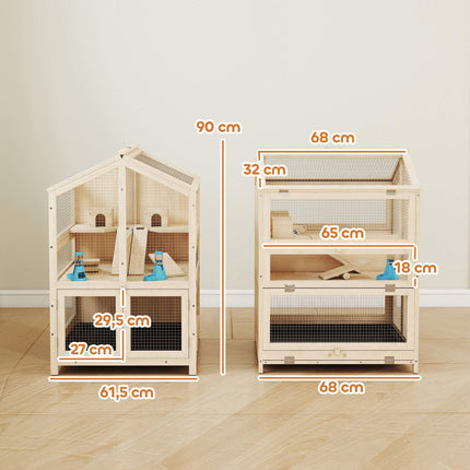 Hamster Cage, 3-Level Wood Habitat with Ramps, 68x61.5x90 cm