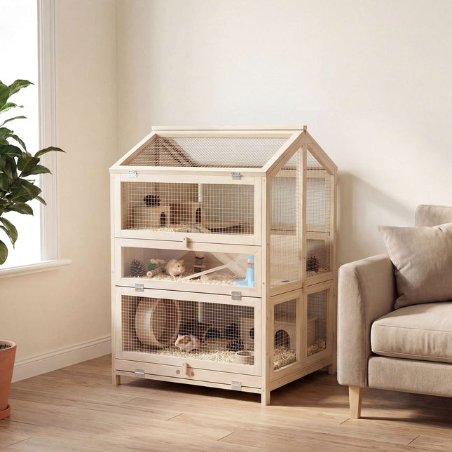 Hamster Cage, 3-Level Wood Habitat with Ramps, 68x61.5x90 cm