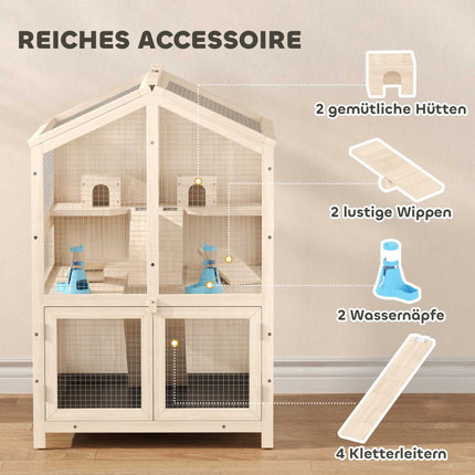 Hamster Cage, 3-Level Wood Habitat with Ramps, 68x61.5x90 cm
