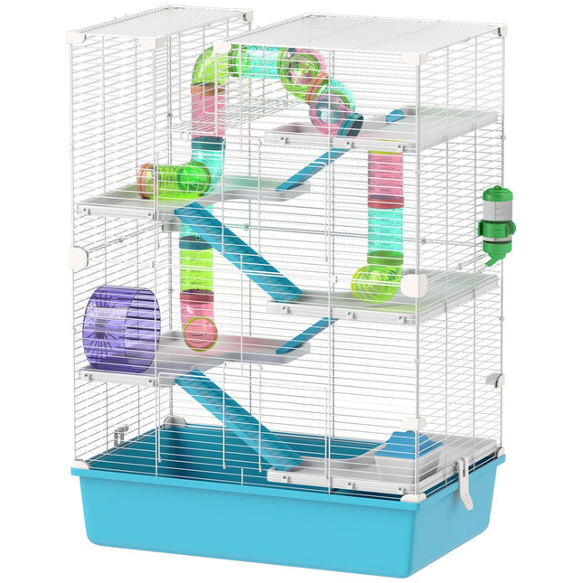 Cage pour hamster, cage à 6 niveaux pour petits animaux avec tubes, tunnels, cabane, roue, gamelle, bouteille d'eau, rampes, pour hamsters nains et gerbilles, 58 x 36 x 81 cm, bleu clair