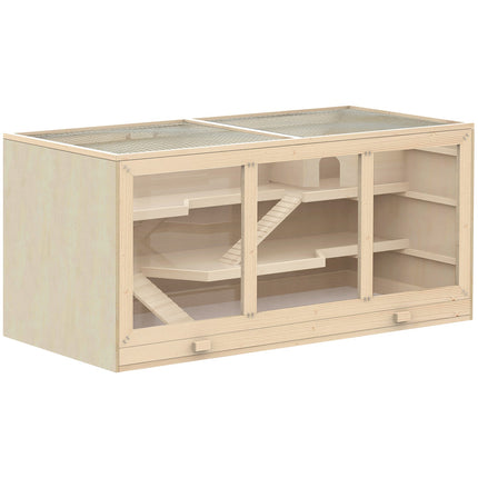Cage pour hamster en bois naturel, cage à rongeurs à trois niveaux avec escaliers, PVC, 115 x 57 x 55 cm