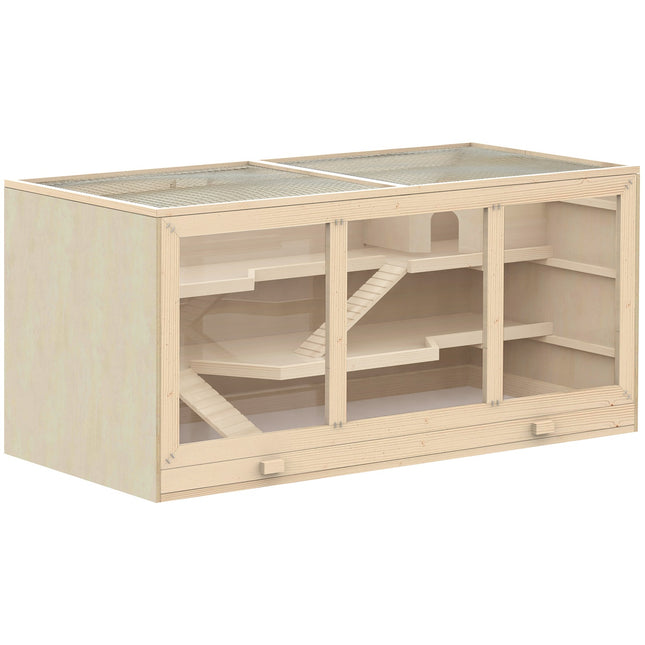 Cage pour hamster en bois naturel, cage à rongeurs à trois niveaux avec escaliers, PVC, 115 x 57 x 55 cm