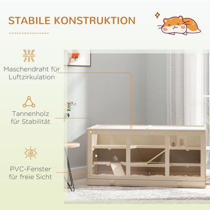 Cage pour hamster en bois naturel, cage à rongeurs à trois niveaux avec escaliers, PVC, 115 x 57 x 55 cm