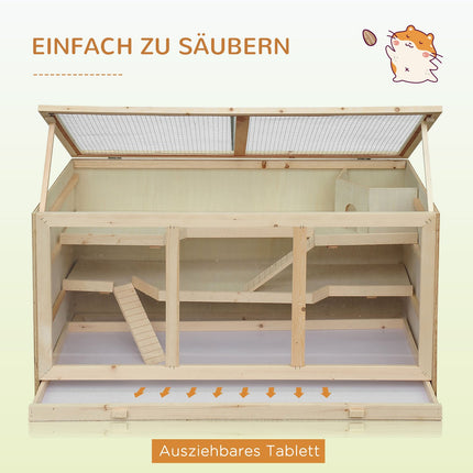 Cage pour hamster en bois naturel, cage à rongeurs à trois niveaux avec escaliers, PVC, 115 x 57 x 55 cm