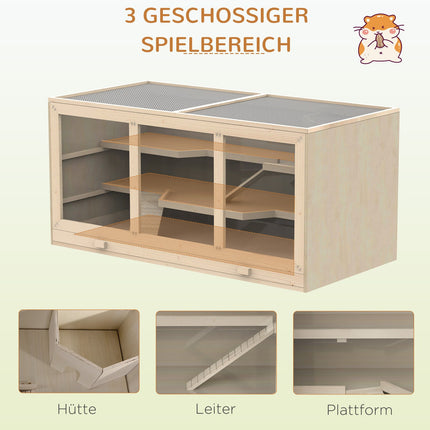 Cage pour hamster en bois naturel, cage à rongeurs à trois niveaux avec escaliers, PVC, 115 x 57 x 55 cm