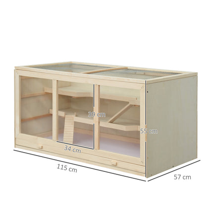 Cage pour hamster en bois naturel, cage à rongeurs à trois niveaux avec escaliers, PVC, 115 x 57 x 55 cm