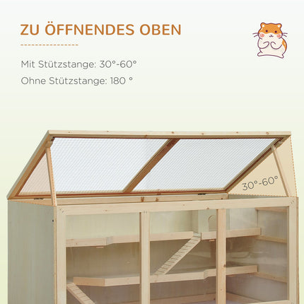 Cage pour hamster en bois naturel, cage à rongeurs à trois niveaux avec escaliers, PVC, 115 x 57 x 55 cm