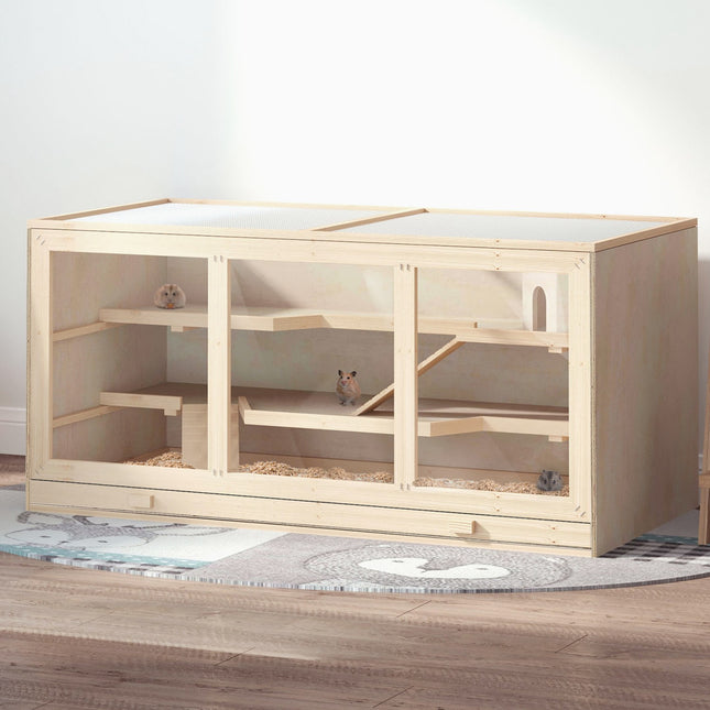 Cage pour hamster en bois naturel, cage à rongeurs à trois niveaux avec escaliers, PVC, 115 x 57 x 55 cm