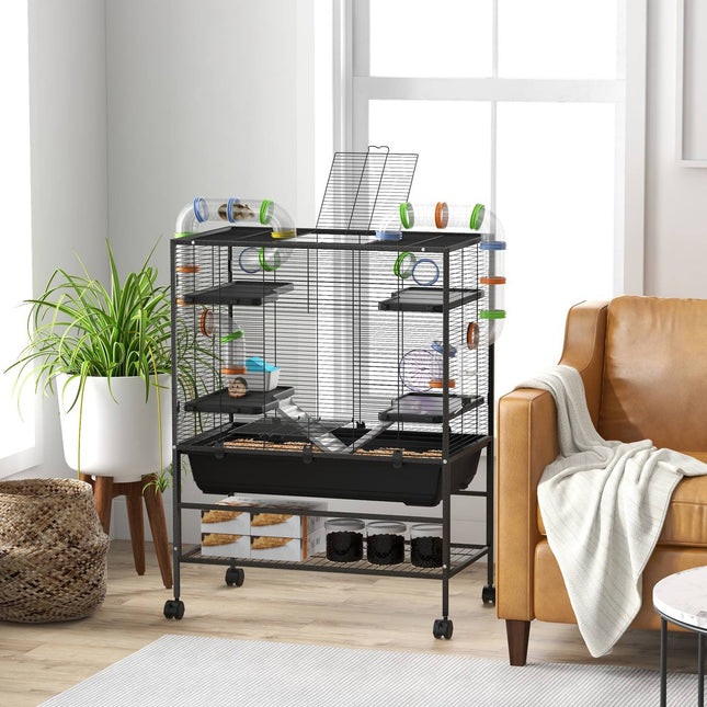 Cage pour hamster, rongeur, avec roues, tubes, étagère, rampes, roue, gamelle, bouteille d'eau, cage pour cochon d'Inde, gerbilles, hamsters syriens, noire
