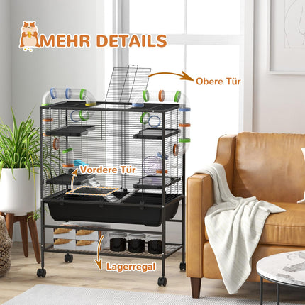Hamster cage with wheels and accessories, black