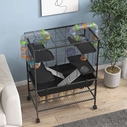 Hamster cage with wheels and accessories, black