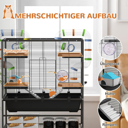 Hamster cage with wheels and accessories, black