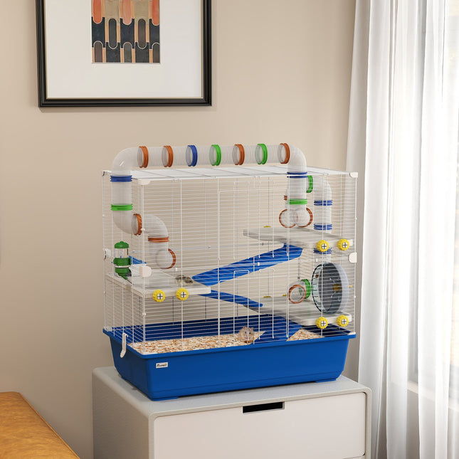4-story hamster cage with wheels and accessories, blue
