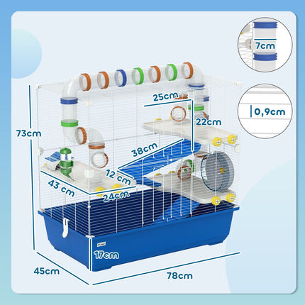 4-stöckiger Hamsterkäfig mit Rädern und Zubehör, blau