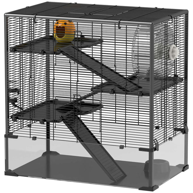 Cage pour hamsters nains, cage à rongeurs à 4 niveaux avec fond en verre, cabane, roue d'équilibre, rampes, gamelle, cage pour petits animaux cage pour hamster nain 78,5 x 48,5 x 80 cm noir