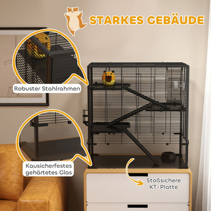 Cage pour hamsters nains, cage à rongeurs à 4 niveaux avec fond en verre, cabane, roue d'équilibre, rampes, gamelle, cage pour petits animaux cage pour hamster nain 78,5 x 48,5 x 80 cm noir