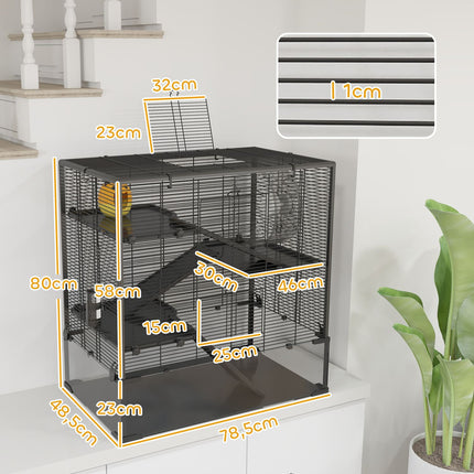 Cage pour hamsters nains, cage à rongeurs à 4 niveaux avec fond en verre, cabane, roue d'équilibre, rampes, gamelle, cage pour petits animaux cage pour hamster nain 78,5 x 48,5 x 80 cm noir