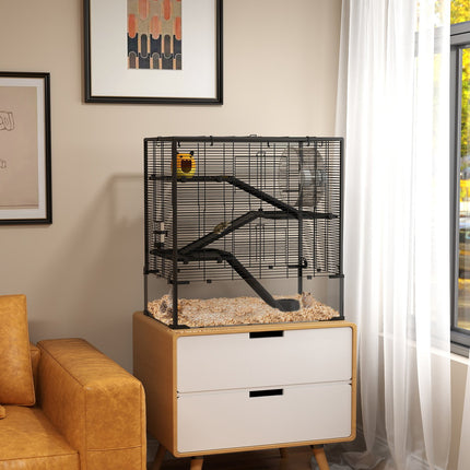 Cage pour hamsters nains, cage à rongeurs à 4 niveaux avec fond en verre, cabane, roue d'équilibre, rampes, gamelle, cage pour petits animaux cage pour hamster nain 78,5 x 48,5 x 80 cm noir