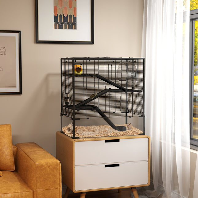 Cage pour hamsters nains, cage à rongeurs à 4 niveaux avec fond en verre, cabane, roue d'équilibre, rampes, gamelle, cage pour petits animaux cage pour hamster nain 78,5 x 48,5 x 80 cm noir
