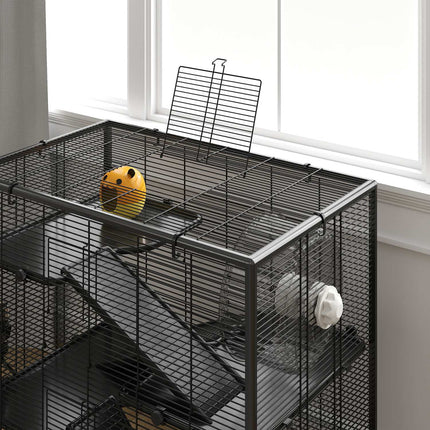 Cage pour hamsters nains, cage à rongeurs à 4 niveaux avec fond en verre, cabane, roue d'équilibre, rampes, gamelle, cage pour petits animaux cage pour hamster nain 78,5 x 48,5 x 80 cm noir