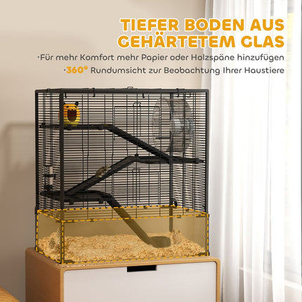 Cage pour hamsters nains, cage à rongeurs à 4 niveaux avec fond en verre, cabane, roue d'équilibre, rampes, gamelle, cage pour petits animaux cage pour hamster nain 78,5 x 48,5 x 80 cm noir