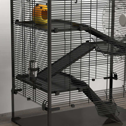 Cage pour hamsters nains, cage à rongeurs à 4 niveaux avec fond en verre, cabane, roue d'équilibre, rampes, gamelle, cage pour petits animaux cage pour hamster nain 78,5 x 48,5 x 80 cm noir