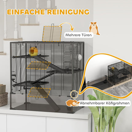 Cage pour hamsters nains, cage à rongeurs à 4 niveaux avec fond en verre, cabane, roue d'équilibre, rampes, gamelle, cage pour petits animaux cage pour hamster nain 78,5 x 48,5 x 80 cm noir