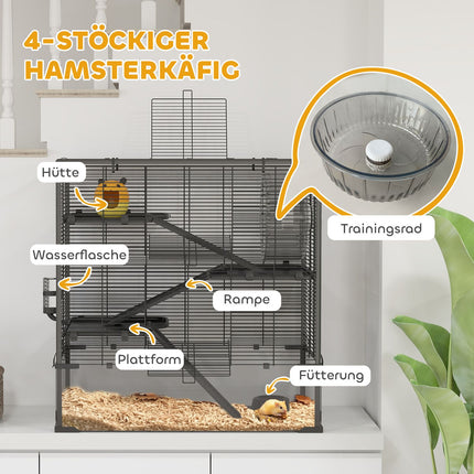 Cage pour hamsters nains, cage à rongeurs à 4 niveaux avec fond en verre, cabane, roue d'équilibre, rampes, gamelle, cage pour petits animaux cage pour hamster nain 78,5 x 48,5 x 80 cm noir