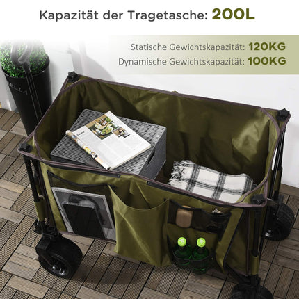 Chariot pliable avec poignée réglable, sacs, roues larges, jusqu'à 120 kg, vert