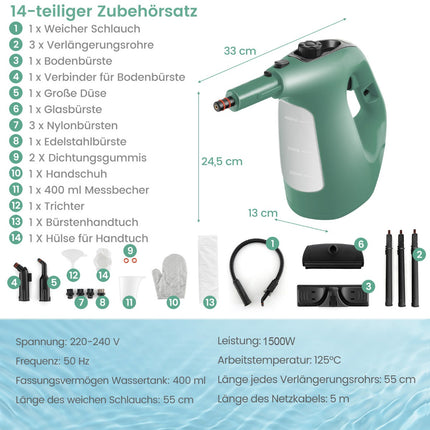 Handdampfreiniger, 1400W, 400ml, 14-teiliges Set