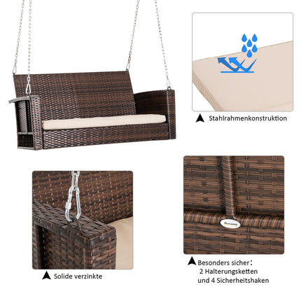 Rattan 2-Sitzer Hollywoodschaukel mit Kissen – braun, 127x57,5x60 cm