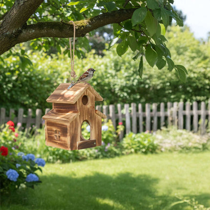 Hanging Bird Feeder, Flamed Wood, Mesh Base