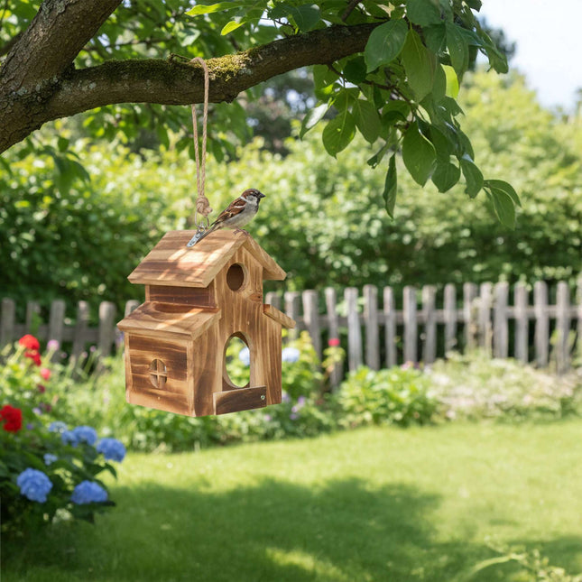 Hängendes Vogelhäuschen, geflammtes Holz, Gitterboden