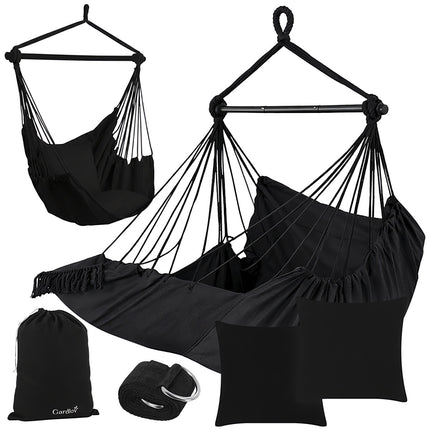 Hanging Chair Swing, 210cm Black, Cotton Fabric, 2 Pillows